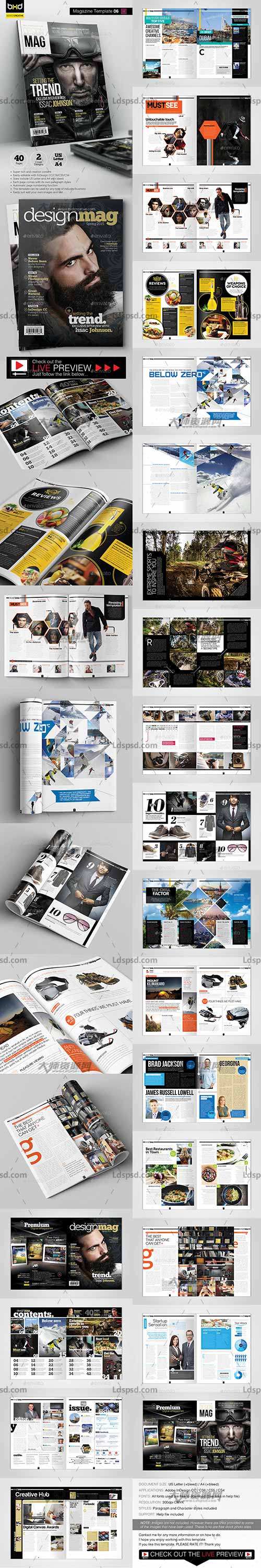 Magazine Template - InDesign 40 Page Layout V6,indesign模板－商业杂志(通用型/40页)